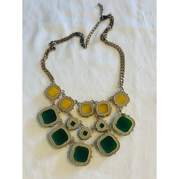 J. Crew Green & Yellow Beads gold tone Statement Chunky bib Necklace preppy bold - Picture 5 of 5